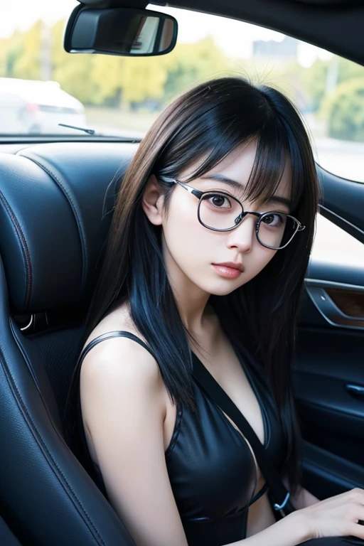 Beautiful Japanese woman driving a car、Black Hair、Beautifully straight long hair、Black-rimmed glasses、Angle from the passenger seat、Take the wheel、Concentrating on driving、Completely naked、Seat belt、The car is running