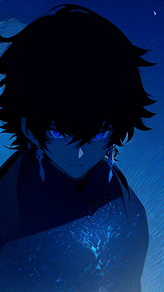 1 , scruffy black hair, bangs, Blue eyes, moon, dark night, long earrings, black hoodie, blue horns, great sword on the back, looking at viewer, upper body, fantasy aesthetics, highly detailed,