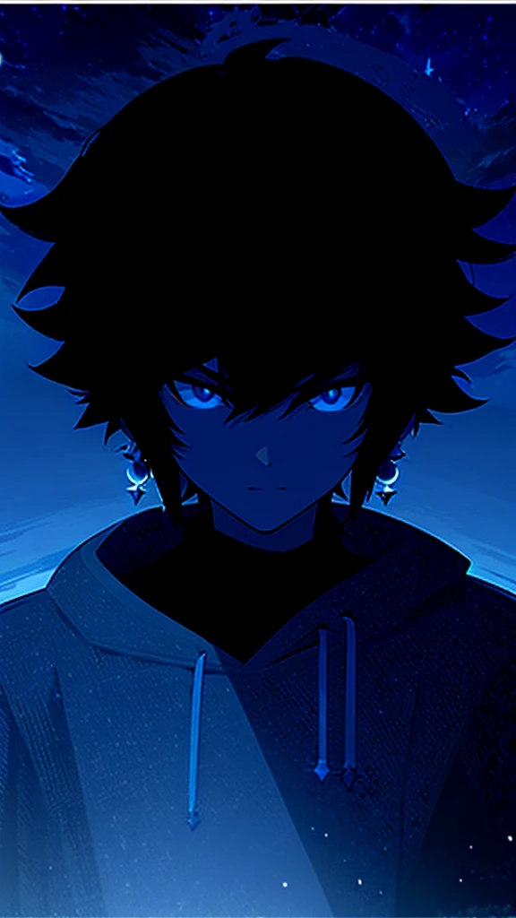 1 teen boy, scruffy black hair, bangs, Blue eyes, moon, dark night, long earrings, black hoodie, blue horns, great sword on the back, looking at viewer, upper body, fantasy aesthetics, highly detailed,