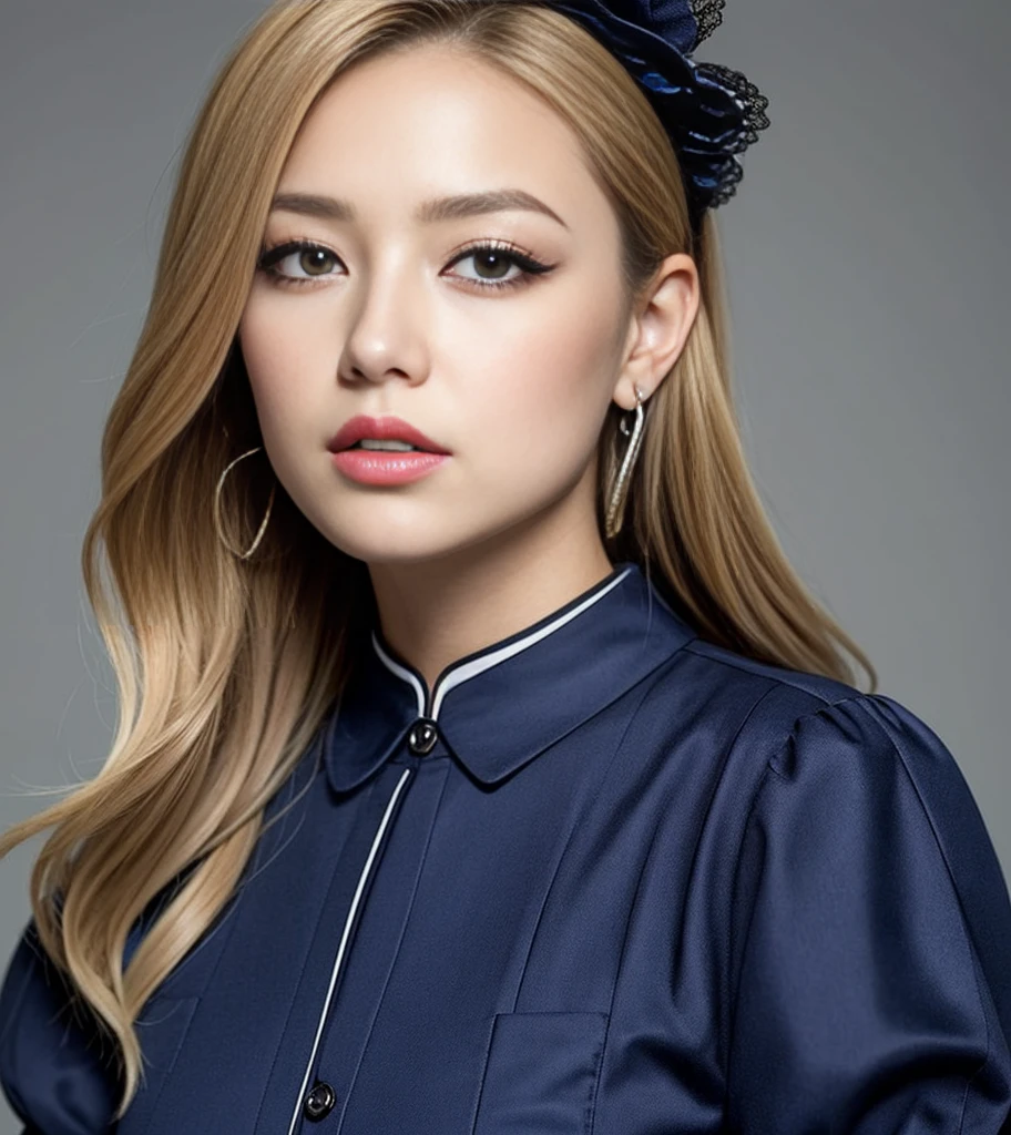 (((masterpiece, Superior quality, ultra detailed))), (((1 femme Queen of Infinity))), 24 years, (((very detailed face))), small and thin nose,  thin-lipped mouth , (((very focused eyes))), Ultra-wide slit precision blue eyes, shiny like jewels. very long eyelashes, long blonde hair in vertical blonde curls, with fringes, ((mode Steam Pink, gothic lolita fashion))