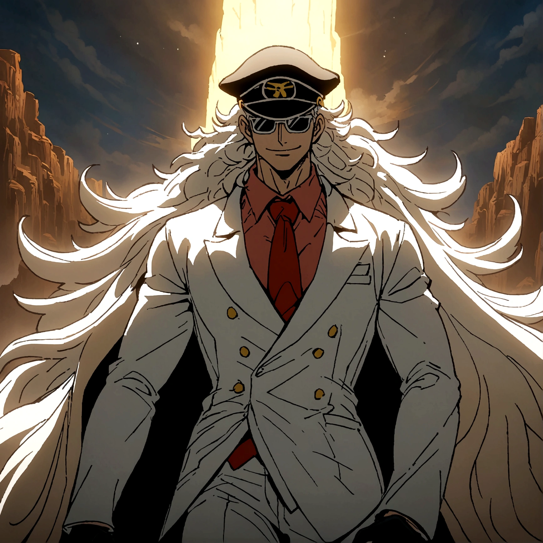 Man, Slim and defined body, Long messy hair, White suit, Red tie, Black hat, Sunglasses, Light beard, Black gloves, Stressed smile, Anime features inspired by ONE PIECE, bathed in drama, amazing lighting, infused with creative details, ultra-fine 2D drawing, amazing scenery, bathed in creativity, boasting anime resolution clarity, anime graphics, high-octane rendering