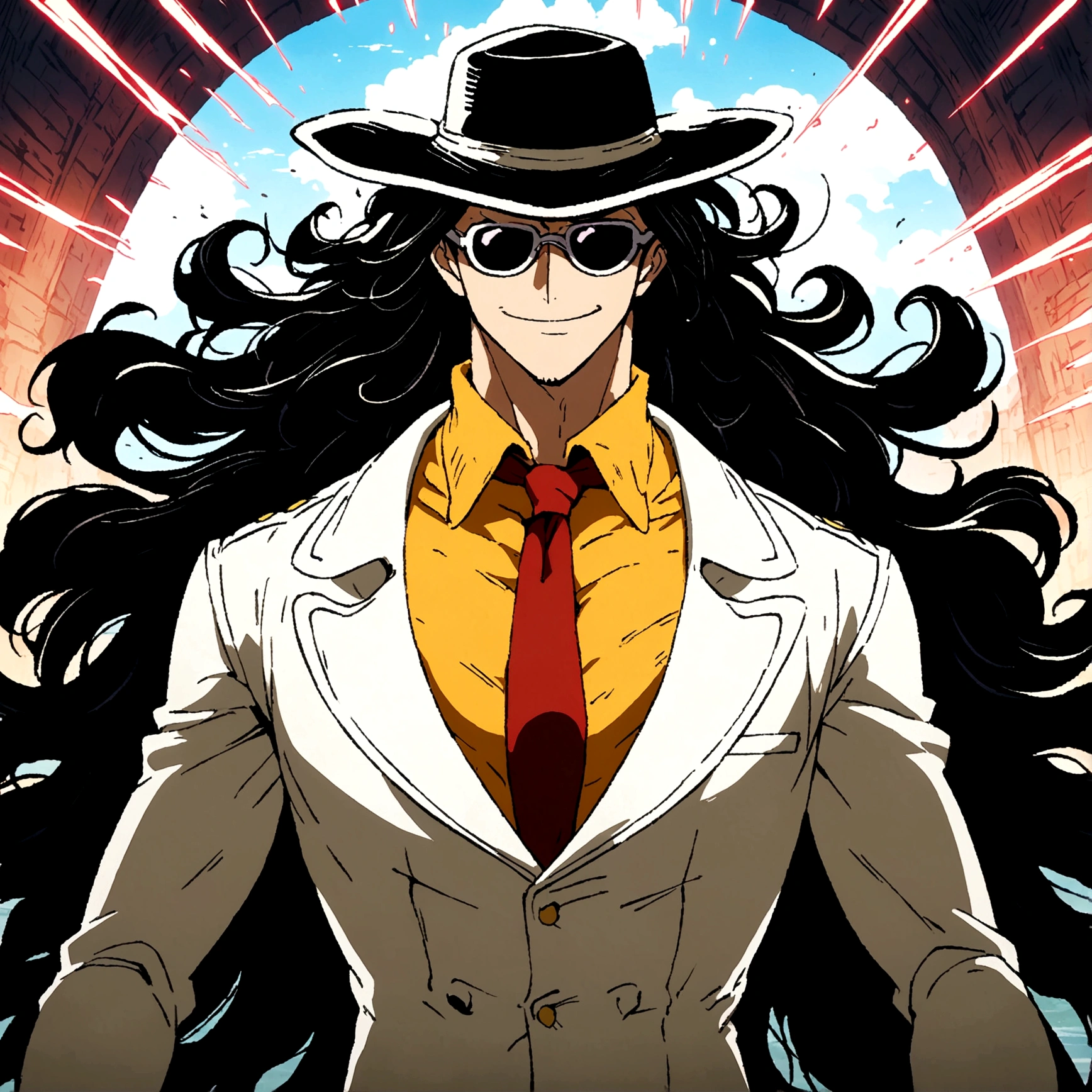Man, Slim and defined body, Long messy hair, White suit, Red tie, Black hat, Sunglasses, Light beard, Black gloves, Stressed smile, Anime features inspired by ONE PIECE, bathed in drama, amazing lighting, infused with creative details, ultra-fine 2D drawing, amazing scenery, bathed in creativity, boasting anime resolution clarity, anime graphics, high-octane rendering
