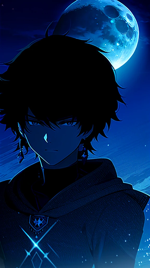 1 teen boy, scruffy black hair, bangs, Blue eyes, moon, dark night, long earrings, black hoodie, blue horns, great sword on the back, looking at viewer, upper body, fantasy aesthetics, highly detailed,