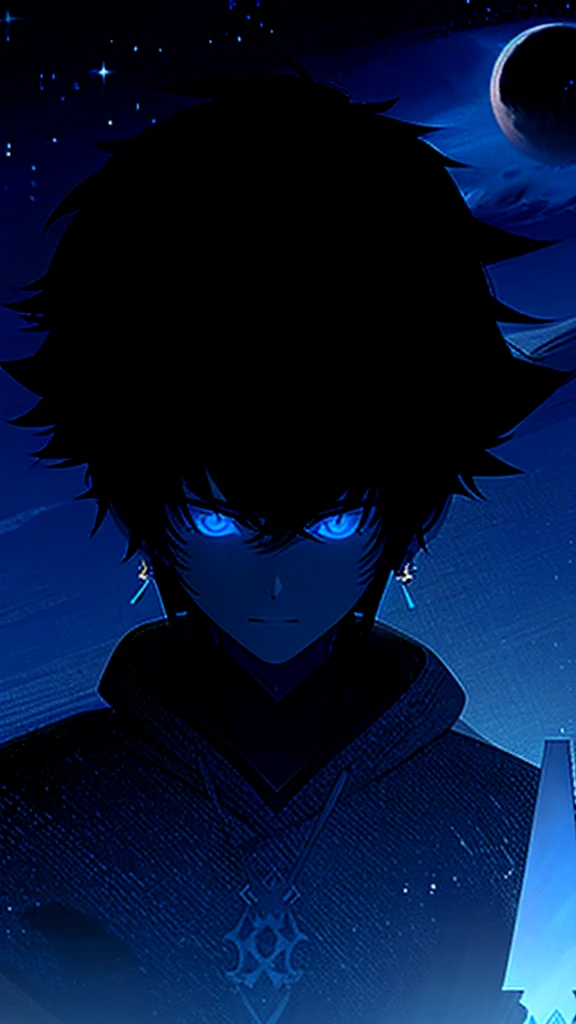 1 teen boy, scruffy black hair, bangs, Blue eyes, moon, dark night, long earrings, black hoodie, blue horns, great sword on the back, looking at viewer, upper body, fantasy aesthetics, highly detailed,