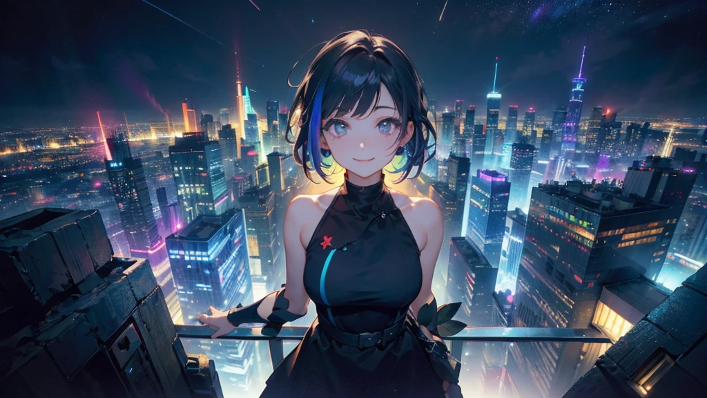 Highest quality、Light blue hair、Short Bob、Deep green eyes、Small breasts,Age 25,a black sequined dress、New York City at night、Fisheye Lens、from above