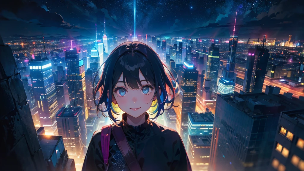 A 20-year-old female、black blue hair、Berry short hair、A bright smile、(High-top gradient:1.3)、mute、Soft colors、High contrast、Colorful background futuristic city、Night City, Night view from above, (Natural skin texture、Surrealism、Soft Light、sharp)