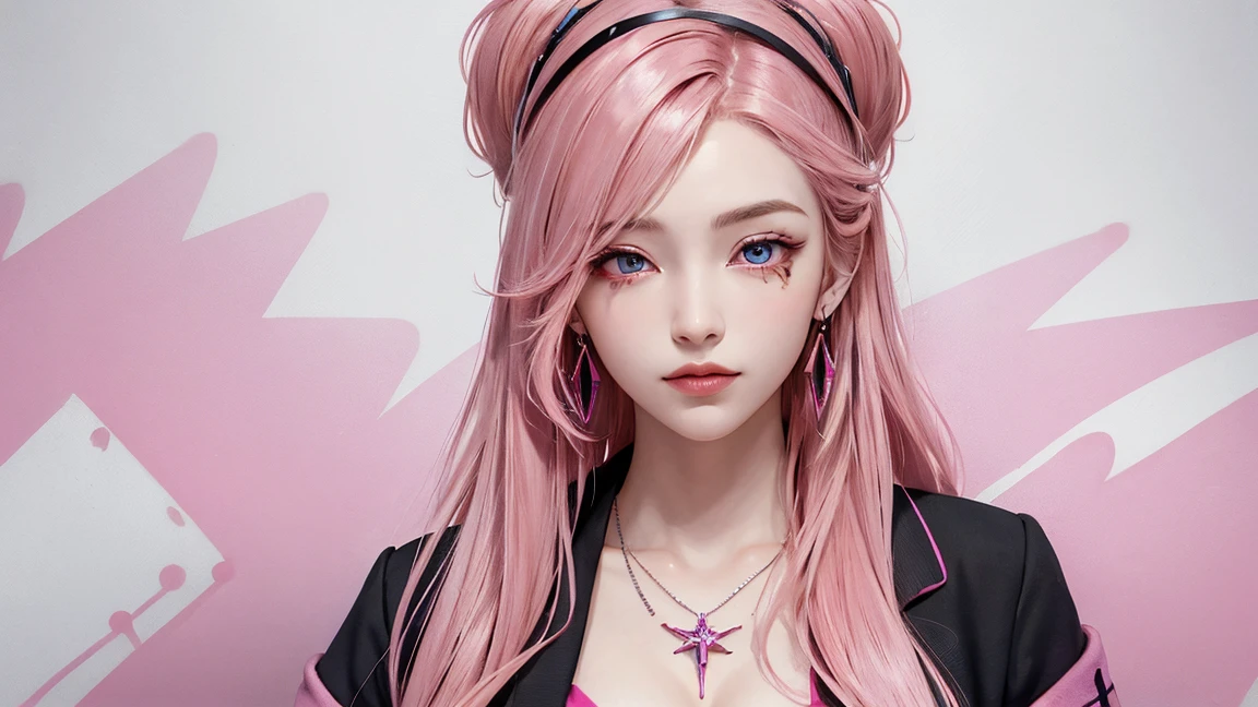 (masterpiece, best quality, 1 Girl, Solitary, Intricate details, Chromatic Aberration), Practical, ((Moderate breathing)),Long hair, Pink Hair, Red headdress, Pink highlights, Hair covering one eye,Purple Eyes, earrings, Sharp eyes, Necklace, Neon shirt, Cardigan jacket, Top of crop, (Symmetrical eyes),(Perfectly symmetrical body),Against the wall, Brick Wall, (Colorful graffiti words on the wall:1.2), Dim Lights, alley ,Look at the audience,