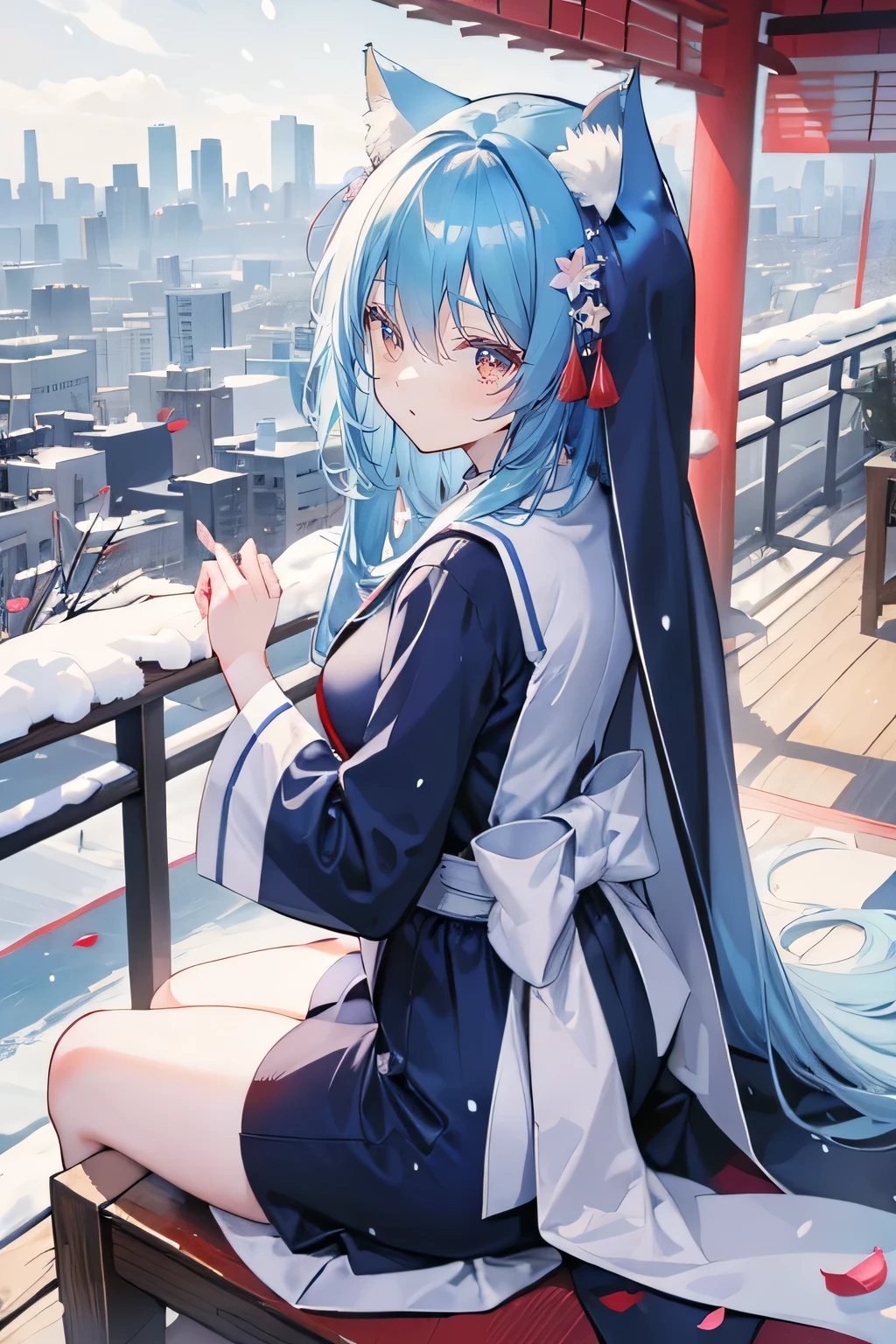 (masterpiece:1.2),Super detailed,lifelike,Expressive eyes,fair skin,perfect face shape,1 girl,
Japanese comics,Gorgeous blue hair,flowing blue hair,flowing clothes,Cat ears,Petals fall,beautiful lola,Baby Angel,
Shaking head with one hand,Cross your legs,Gentle and peaceful background,The pavilion is cool and comfortable,smile, background of tokyo,back views,snowing, winter,Nun's Clothes,Church Background。