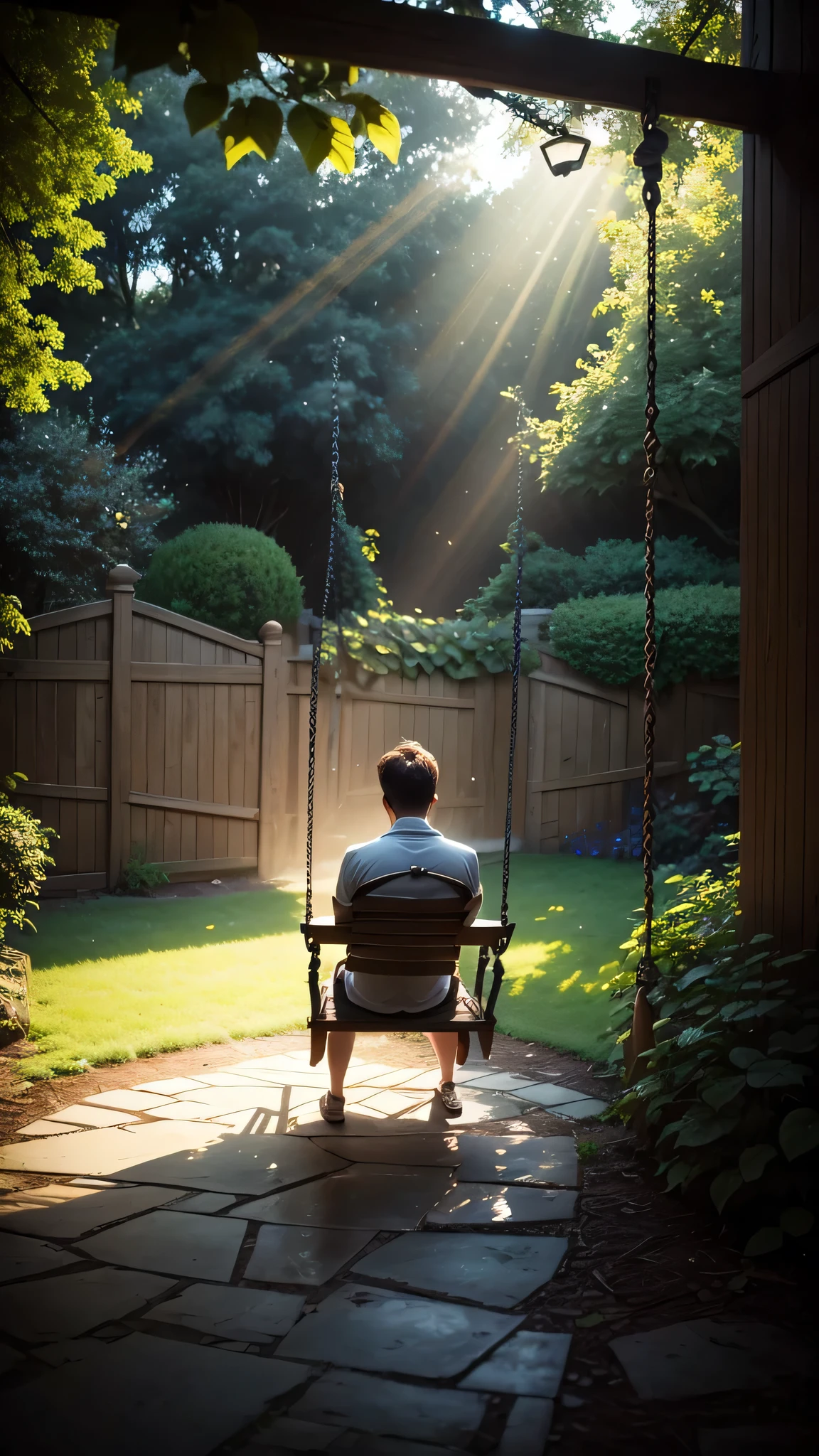   sitting on swing.  Garden background. With sun rays in that garden.  alone reflecting on the swing.  dark image, tone of loneliness. 