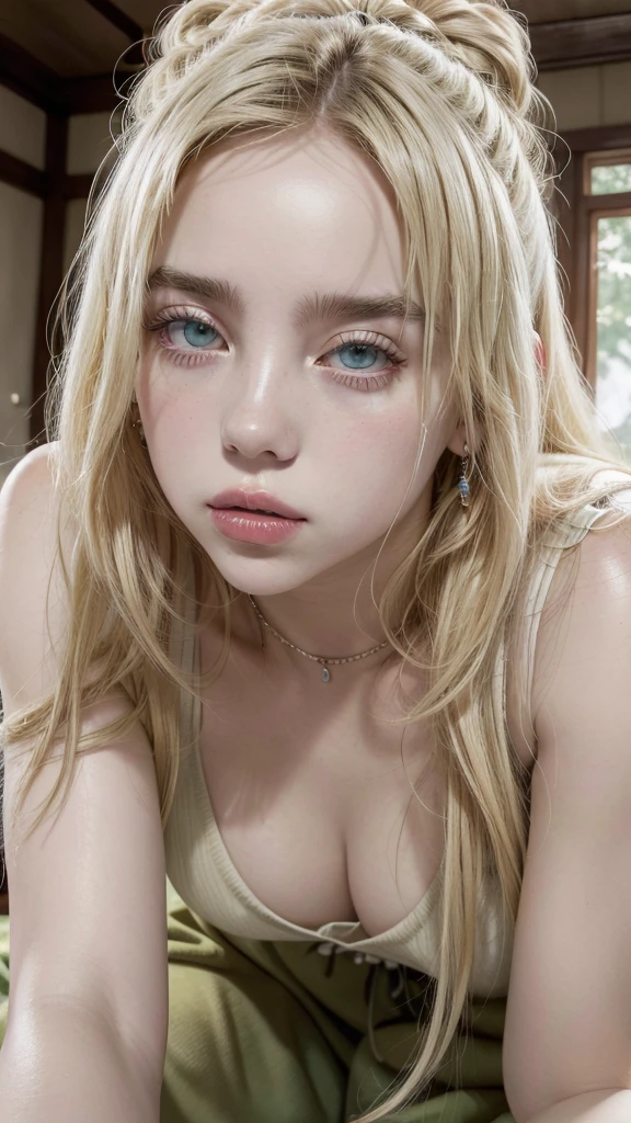 Primer plano de una beautiful mujer, wavy hair, long blonde hair, blonde hair, green eyes, green eyes, beautiful, nariz beautiful, with a muscular woman with a bare neck, pompous lips, thick red lips, flawless eyes, pale skin, white, beauty, mujer Asian, hannie, retrato de Billie Eilish, pretty accessories, Flawless skin, realist, until realist, High quality image, mujer beautiful, model, beautiful realism, until, blond hair, Asian, symmetrical face, rostrum on one side accommodated symmetrically, jennie blackpink, pretty arms, pretty face, Billie Eilish 