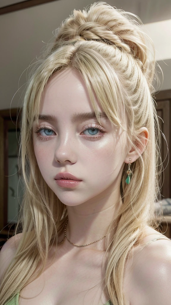 Primer plano de una beautiful mujer, wavy hair, long blonde hair, blonde hair, green eyes, green eyes, beautiful, nariz beautiful, with a muscular woman with a bare neck, pompous lips, thick red lips, flawless eyes, pale skin, white, beauty, mujer Asian, hannie, retrato de Billie Eilish, pretty accessories, Flawless skin, realist, until realist, High quality image, mujer beautiful, model, beautiful realism, until, blond hair, Asian, symmetrical face, rostrum on one side accommodated symmetrically, jennie blackpink, pretty arms, pretty face, Billie Eilish