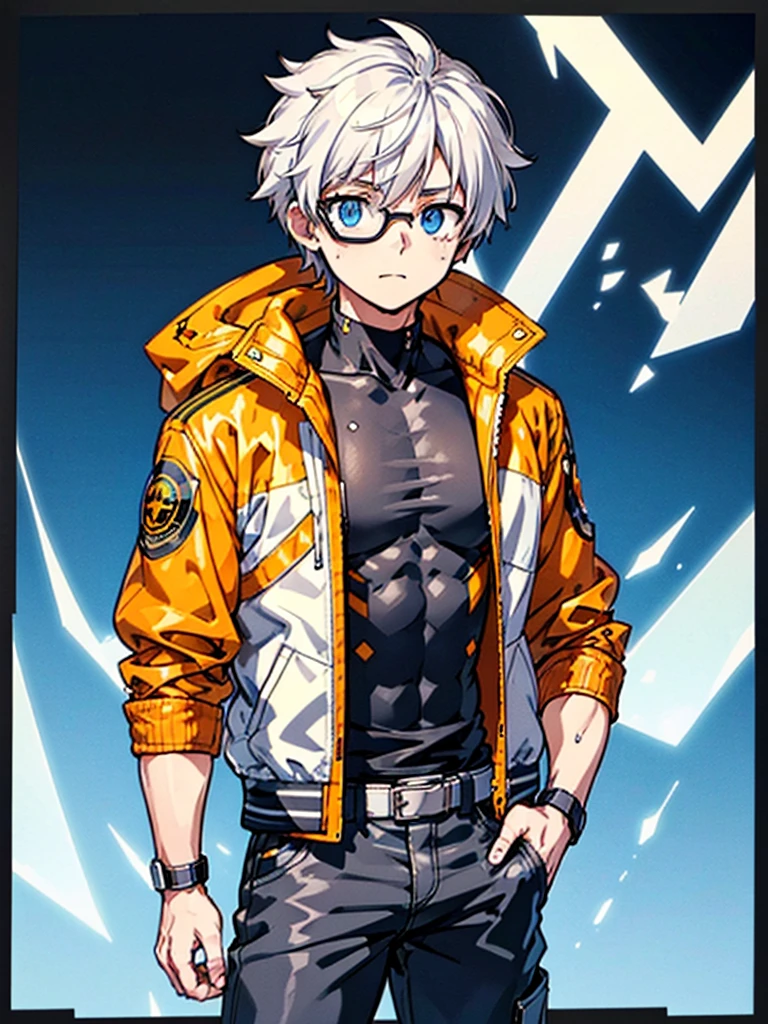 1boy, solo, blue eyes, (detailed eyes), white hair, hair between eyes, (goggles in his head), (waterproof jacket), large jacket, (orange jacket), black tight sleeveless shirt, pants, gray pants, standing, (hands in pockets), (((Closed jacket))), upper body, (white background), Transparent background, looking at viewe, ((masterpiece, illustration, best quality))