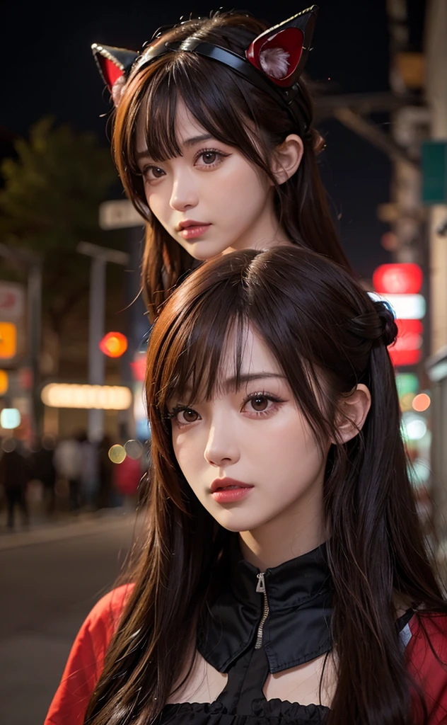 1girl, Tokyo street,night, cityscape,city lights, upper body,close-up, 8k, RAW photo, best quality, masterpiece,realistic, photo-realistic,headgear of red rose, parted bangs, medium hair,