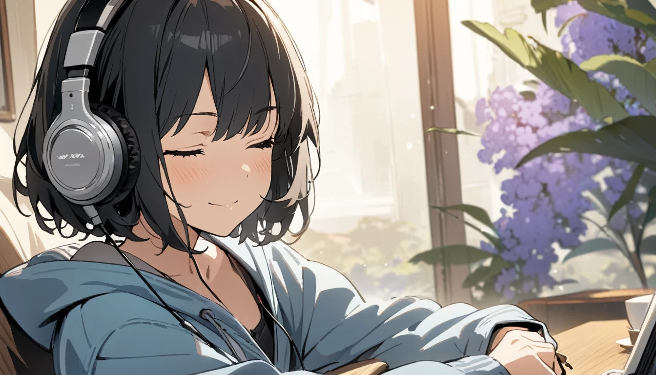 1girl, solo, gentle smile on her face flat chest, short hair, black hair, upper body, ((masterpiece, illustration, best quality)) ((best quality)), ((masterpiece)), (detailed), perfect face, sitting under the japanese Wisteria, listening to music, One woman, wearing headphones, eyes closed, wearing a white t shirt