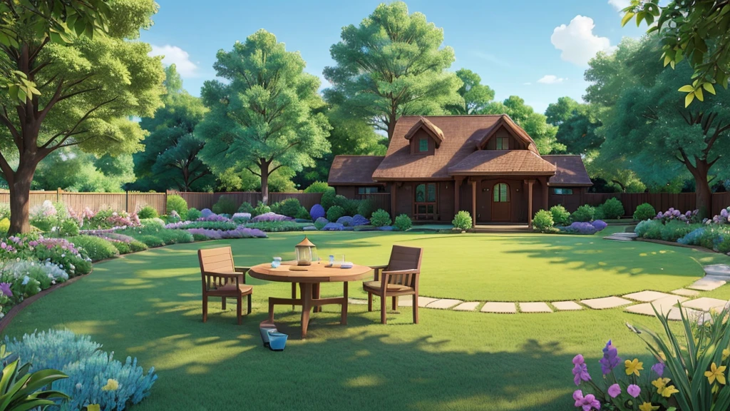 a beautiful and peaceful place. summer. blue sky. garden. green and flowering grass. there is a small round table in the center.