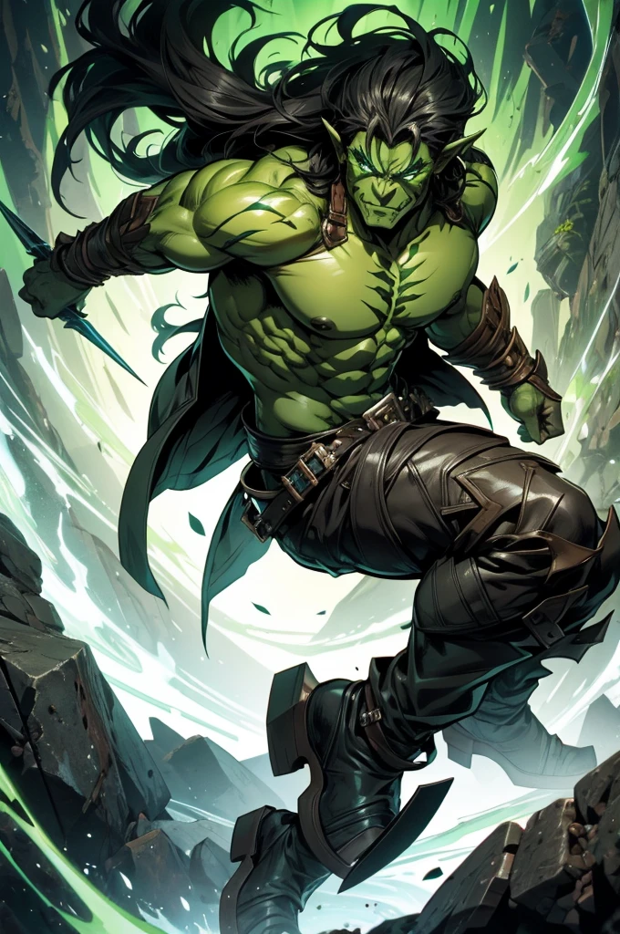 Male half Orc Barbarian, toned muscles is defined, full Body Art, Topaz Eyes, Black long Hair, Green Skin, leather clothes.