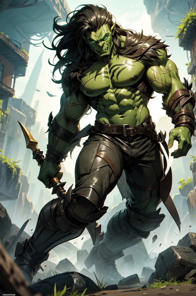 Male half Orc Barbarian, toned muscles is defined, full Body Art, Topaz Eyes, Black long Hair, Green Skin, leather clothes.