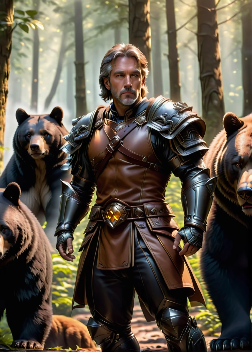 Beastmaster, tamer, (mature male: 1.6), (brown gray hair: 1.1), (serious calm look: 1.5), fit, nature symbols and patterns, (brown and black leather armor: 1.5), forest with black bear and animals on background, ((looking at viewer:1.2), (from side:0.8)), athletic, volumetric lighting dynamic lighting, real shadows, vibrant contrasting colors, style of Stephen Hickman and Stan Manoukian, ultra realistic, masterpiece, high quality, highres, sharp focus, intricate, sharp details, highly detailed, rich color, 8K,