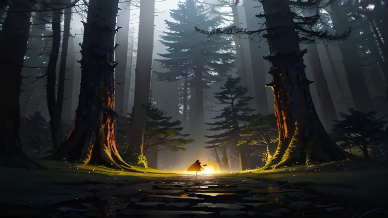 There was a man walking through the woods，The lamp illuminated him，The sun&#39;s rays shot out of the sky and hit the ground., ジェームズ・ガーニーとAndreas Rocha, inspired by Andreas Rocha, Andreas Rochaスタイル, forest soul, Inspired by Jakub Schikaneder, author：Andreas Rocha, author：by Christopher Balaskas, ブシエール・ルトコウスキー Andreas Rocha, Andreas Rocha and John Howe had smaller trees on either side and separated a little，There is a little lake water on the ground，Shadows on the lake，Sunlight creates the Tyndall effect