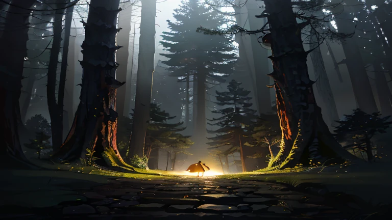 There was a man walking through the woods,The lamp illuminated him,The sun's rays shot out of the sky and hit the ground., ジェームズ・ガーニーとAndreas Rocha, inspired by Andreas Rocha, Andreas Rochaスタイル, forest soul, Inspired by Jakub Schikaneder, author:Andreas Rocha, author:by Christopher Balaskas, ブシエール・ルトコウスキー Andreas Rocha, Andreas Rocha and John Howe had smaller trees on either side and separated a little,There is a little lake water on the ground,Shadows on the lake,Sunlight creates the Tyndall effect