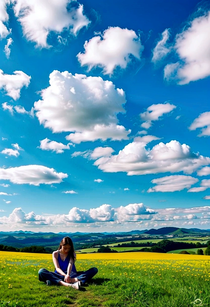 Vast views、Earth、top of the hill、Sitting 、Blue sky、Flowing Clouds、Spectacular views