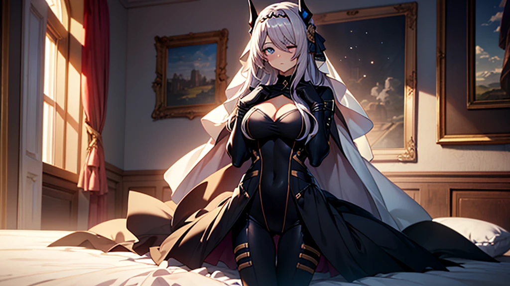 (full body),masterpiece，Highest quality, Cowboy Shot，Kung Fu Pose，Beautiful and exquisite body,Horn, tiara, Veil,(A body-hugging enamel bodysuit，Rubber Suit， Black bodysuit, Scapula, Long sleeve, Cleavage cutout, Black gloves, Black overskirt, Black trousers)，Show me your boots，leotard，elegant, 1 Girl, cute, Blushed, Beautiful Eyes, Beautiful background, Particles of light, Light of the sun, Dramatic lighting, outside, Shiny, Realistic,  Highest quality, Very detailed, Get used to it, scenery, Beautiful and exquisite, Thin Hair，Full Body Shot，Lie down on the bed，room，