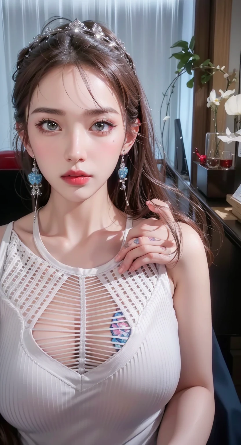 Realistic style,8K picture quality,Very detailed, Delicate face, Realistic style的照片, Stock Photography , rich and colorful, Surreal, Realistic textures, Dramatic Lighting, Distiller 800 (8K, original photo, Better quality, masterpiece: 1.2), Very detailed, (Extremely delicate skin: 1.2), 8K Ultra HD, SLR camera, Soft Light, high quality, 冰冻Queen, Queen, snow castle,Blue pupils,Apply red lipstick,Very delicate tattoo design,Jewelry,