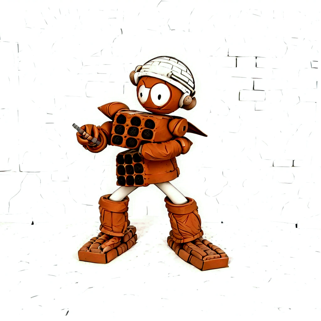 A robot smiles with a spherical head made of bricks, round ears, with a white construction helmet, the arms are made of cobblestone bricks each, shoulders made of colonial tiles, the body is made with two bricks with 9 holes in position. perpendicular, the chest showing the 9 holes and the stomach brick with 9 holes on the side, legs made of 2 PVC pipes, calves made of colonial tiles, feet made of bricks with 12 holes