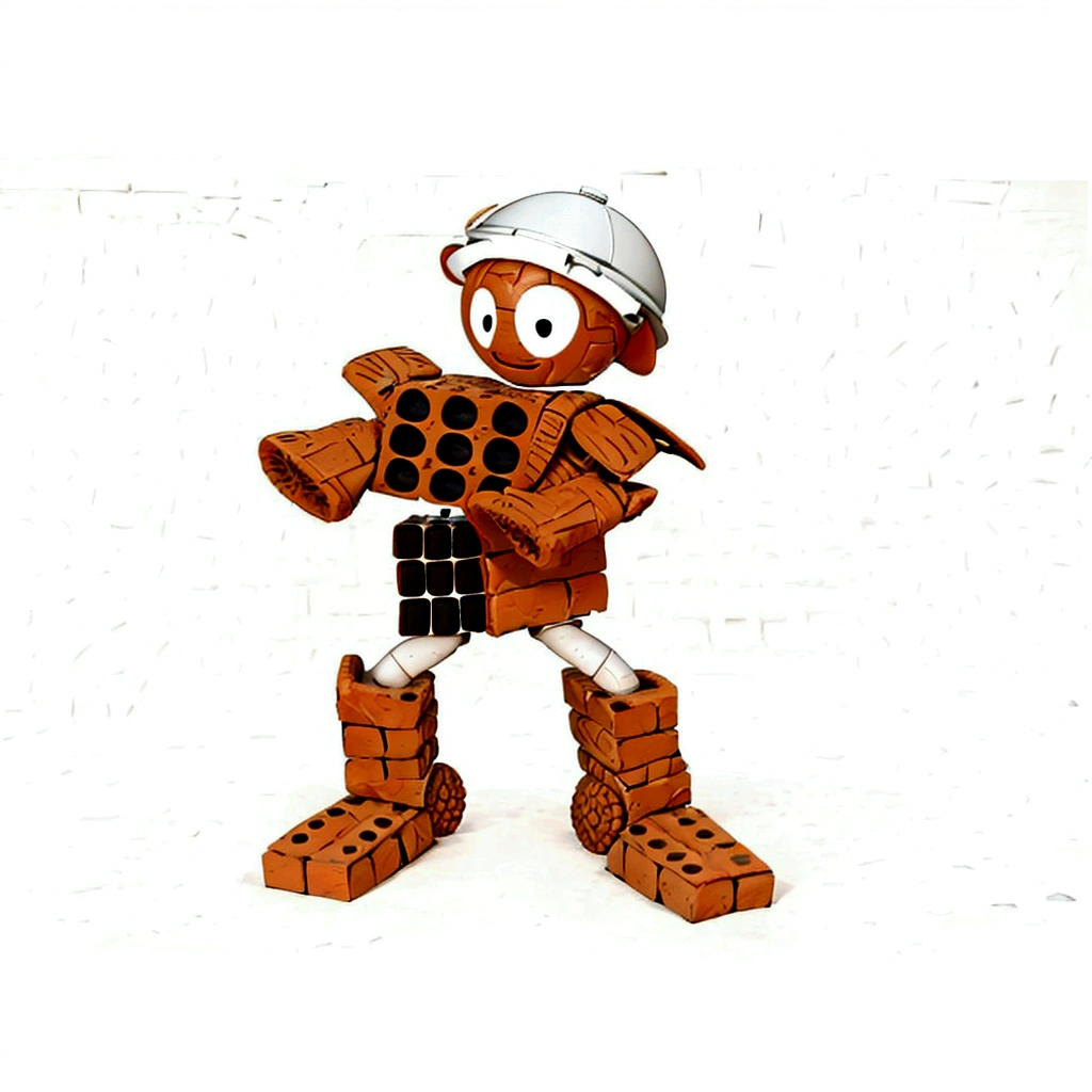 A robot smiles with a spherical head made of bricks, round ears, with a white construction helmet, the arms are made of cobblestone bricks each, shoulders made of colonial tiles, the body is made with two bricks with 9 holes in position. perpendicular, the chest showing the 9 holes and the stomach brick with 9 holes on the side, legs made of 2 PVC pipes, calves made of colonial tiles, feet made of bricks with 12 holes