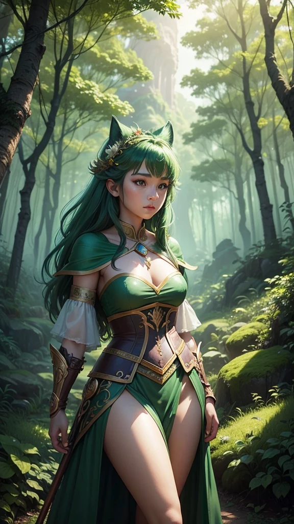 1 goblin woman, female goblin, green hair, long hair, goblin ears, yellow eyes, full lips, round face, huge breasts, wide hips, goblin tail, very green skin tone, imposing pose, wearing animal warrior clothes, with golden armor, expressive scene, inside the forest, strong green skin, pointy teeth, soil, strong green skin texture, goblin warrior, beautiful with strong green skin (sfw)