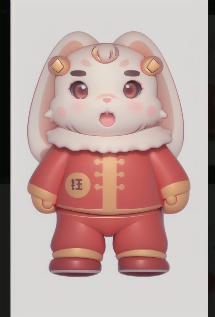 A cute white rabbit，Wearing red Chinese chef clothes，Measurements Modeling，Three View，Respectively, the positive side，side，back，Coordination of the five senses，No variety，3D Effect，Terracotta material，The head and body are made of two strings of copper coins