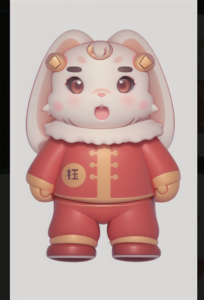 A cute white rabbit,Wearing red Chinese chef clothes,Measurements Modeling,Three View,Respectively, the positive side,side,back,Coordination of the five senses,No variety,3D Effect,Terracotta material,The head and body are made of two strings of copper coins