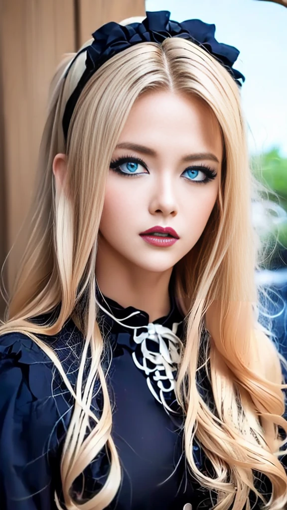 (((masterpiece, Superior quality, ultra detailed))), (((1 femme Queen of Infinity))), 24 years, (((very detailed face))), small and thin nose, thin-lipped mouth , (((very focused eyes))), Ultra-wide slit precision blue eyes, shiny like jewels. very long eyelashes, long blonde hair in vertical blonde curls, with fringes, ((mode Steam Pink, gothic lolita fashion))