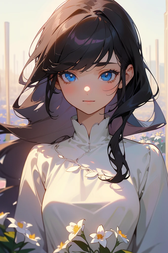 (masterpiece),(Top quality),(Extremely detailed),(high resolution),(8K Animation),(Beautiful and delicate face),(Beautiful and delicate eyes),(Anatomically correct),(Keep your head small),1 Girl,Black Hair,Long hair,(Big round eyes),Bangs,[Lavender-colored eyes:(blue eyes):0.55],A gentle smile,White Dress,(Flower Field),Soft sunlight