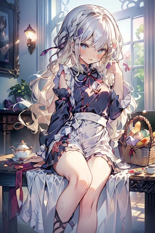 (perky chest:1.2), (pointed chest:1.2),(((Black Tunic:1.3))),(((cakes and bread in the basket),Cute and beautiful girl,Cute round face,Cute smile,with blush cheeks,Red Lip,a girl 22 years old, nsfw:1.2, beautiful body:1.3), shinny skin, BREAK, ((alice in the wonderland:1.3, cute, kawaii, lovely, funny, a girl falling down from sky:1.3, girl flying in sky:1.2, girl floating in air:1.3, rolling upskirt by wind:1.5, (with sparkling eyes and a contagious smile),open mouth, Looking at Viewer, surprised, putting hands on crotch over the skirts:1.35)), BREAK, ((floating things as follows:1.3, PlayingCards, Trump, tea cup, tea pot, tea spoons, pocket watch:1.3, lip sticks, candies:1.2, cookies, jam bottles, classical door_keys)), ((long purply_Blue dress :1.5, wearing long flaired skirt:1.3, the skirt is blowing:1.3, cute White Apron, black stockingedium long platinum-blonde hair:1.2, twin tail hair:1.6, tied hair with a large ribbon), (Blue eyes, bright pupils with highlights, detailed eyes), (lying down on your back:0.7, spreading legs with rising up straight:0.7), sexy posture, fantastic colorful art, (fantasy art:1.2, wondered images), ((correct anatomy:1.5, perfect anatomy:1.3, correct hand, small foot:1.2)), 
