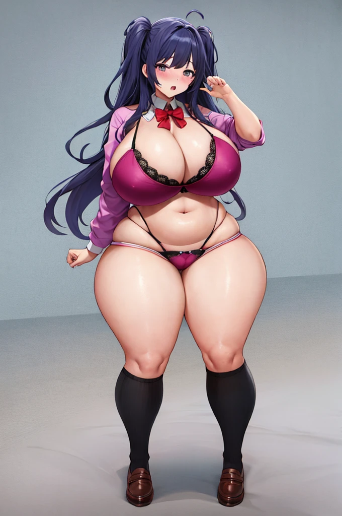 One Girl,Precise five fingers、Long Hair、Knee-high socks、Wide Hips、plump and thick thighs、Huge Ass、Huge breasts, Embarrassed look、whole body、Sexy pose、bra、panties、