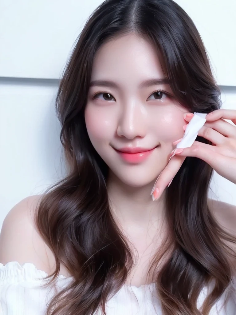 woman holding a lip bale in front of her face, lipgloss, cool and bright tint, glowing peach face