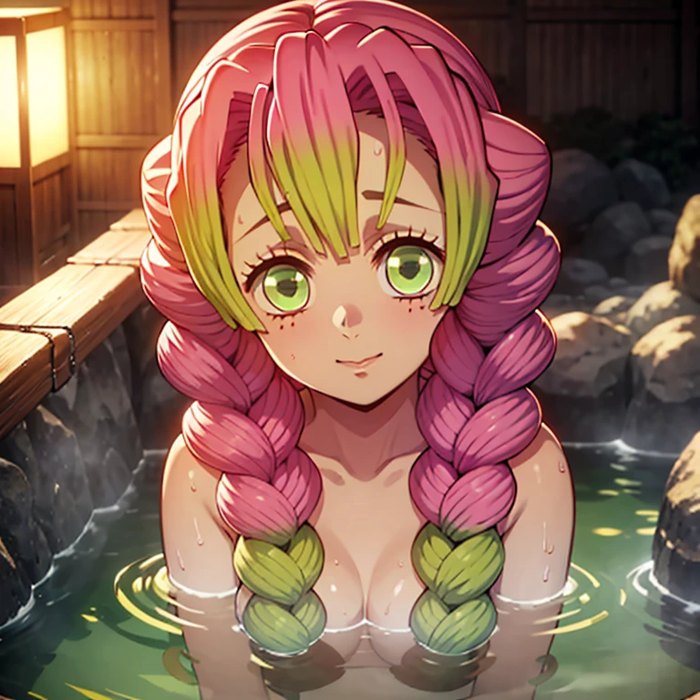 Mitsuri Kanroji is enjoying a hot spring bath at night, her face flushed and looking like a .