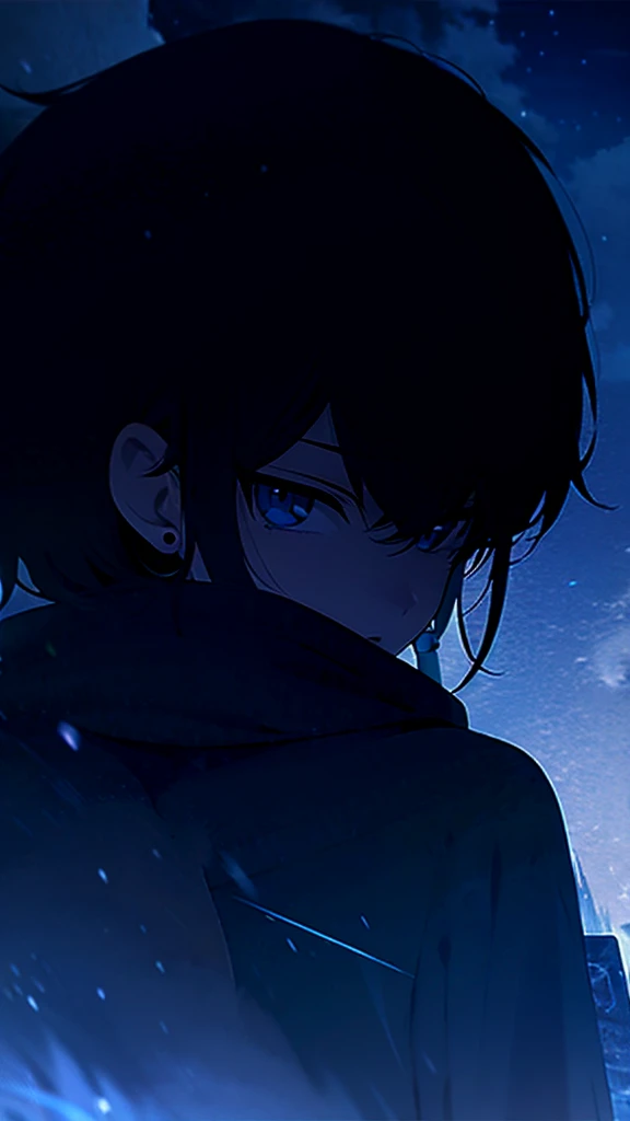 1 teen boy, scruffy black hair, bangs, Blue eyes, moon, dark night, long earrings, black hoodie, blue horns, great sword on the back, looking at viewer, upper body, fantasy aesthetics, highly detailed,