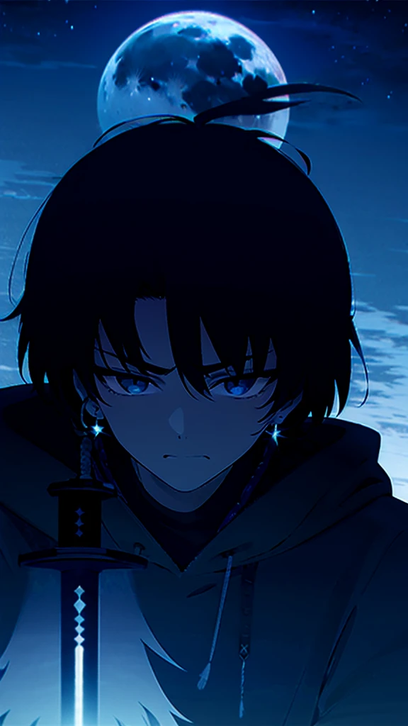 1 boy, scruffy black hair, bangs, Blue eyes, moon, dark night, long earrings, black hoodie, blue horns, great sword on the back, looking at viewer, upper body, fantasy aesthetics, highly detailed,