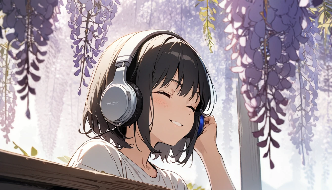 1girl, solo, gentle smile on her face flat chest, short hair, black hair, upper body, ((masterpiece, illustration, best quality)) ((best quality)), ((masterpiece)), (detailed), perfect face, sitting under the japanese Wisteria, listening to music, One woman, wearing headphones, eyes closed, wearing a white t shirt