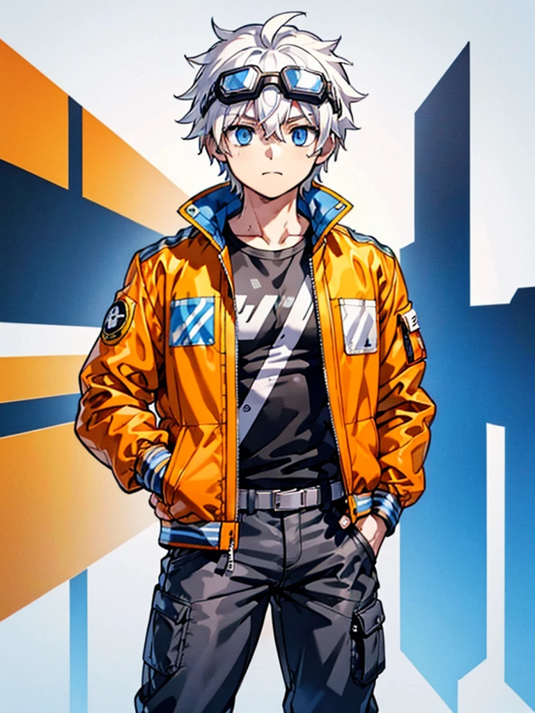 1boy, solo, blue eyes, (detailed eyes), white hair, hair between eyes, (goggles in his head), (waterproof jacket), large jacket, (orange jacket), black tight sleeveless shirt, pants, gray pants, standing, (hands in pockets), (((Closed jacket))), upper body, (white background), Transparent background, looking at viewe, ((masterpiece, illustration, best quality)) 