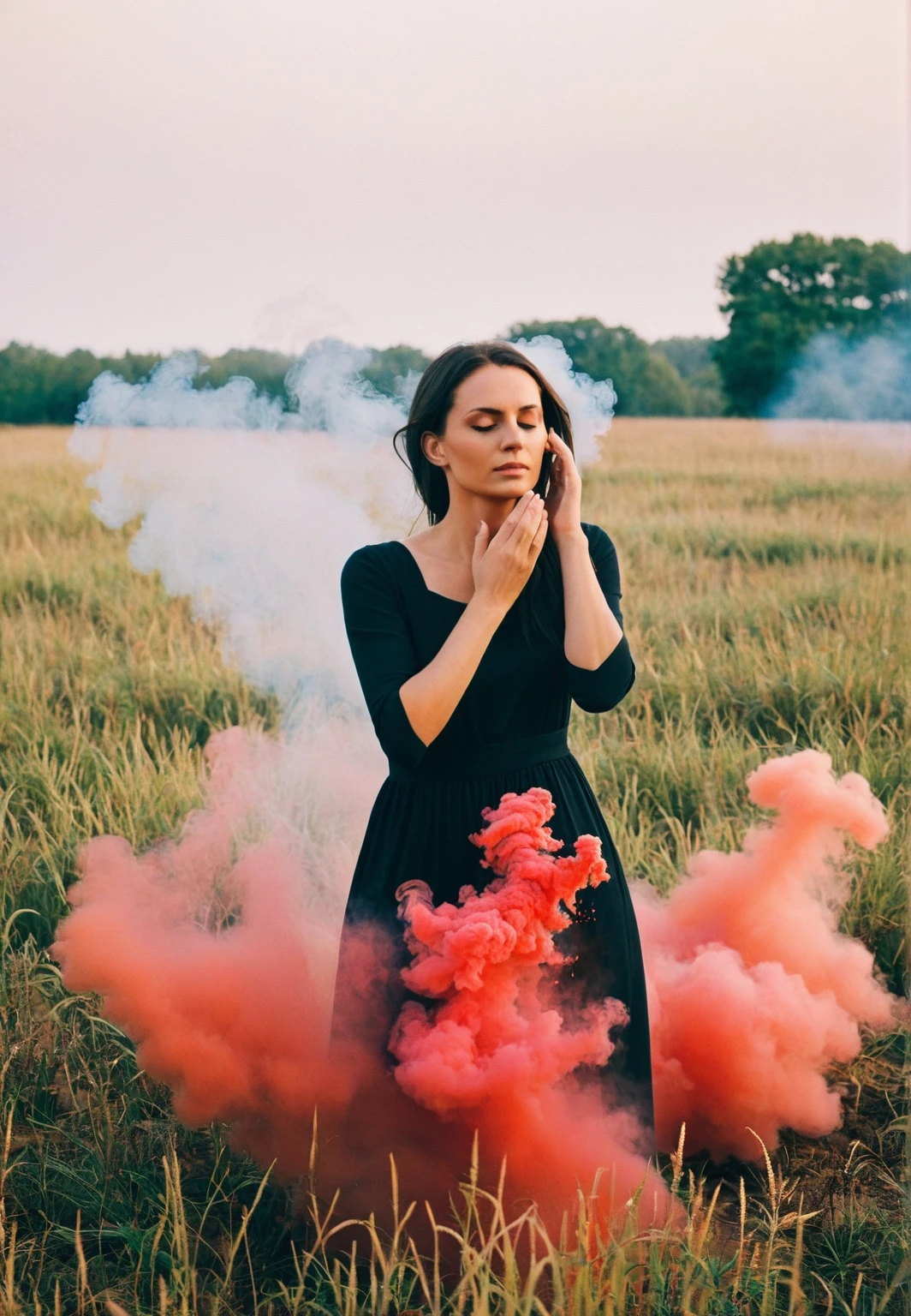 arafed woman touching her head with both hands, headache,araffe woman in black dress standing in a field of red smoke, thick dust and red tones, red smoke, with smoke, red mist, pink smoke, red fog on the ground, red fog, smoke grenades, red - toned mist, smoke grenade, by Julia Pishtar, red mood in background, in front of smoke behind