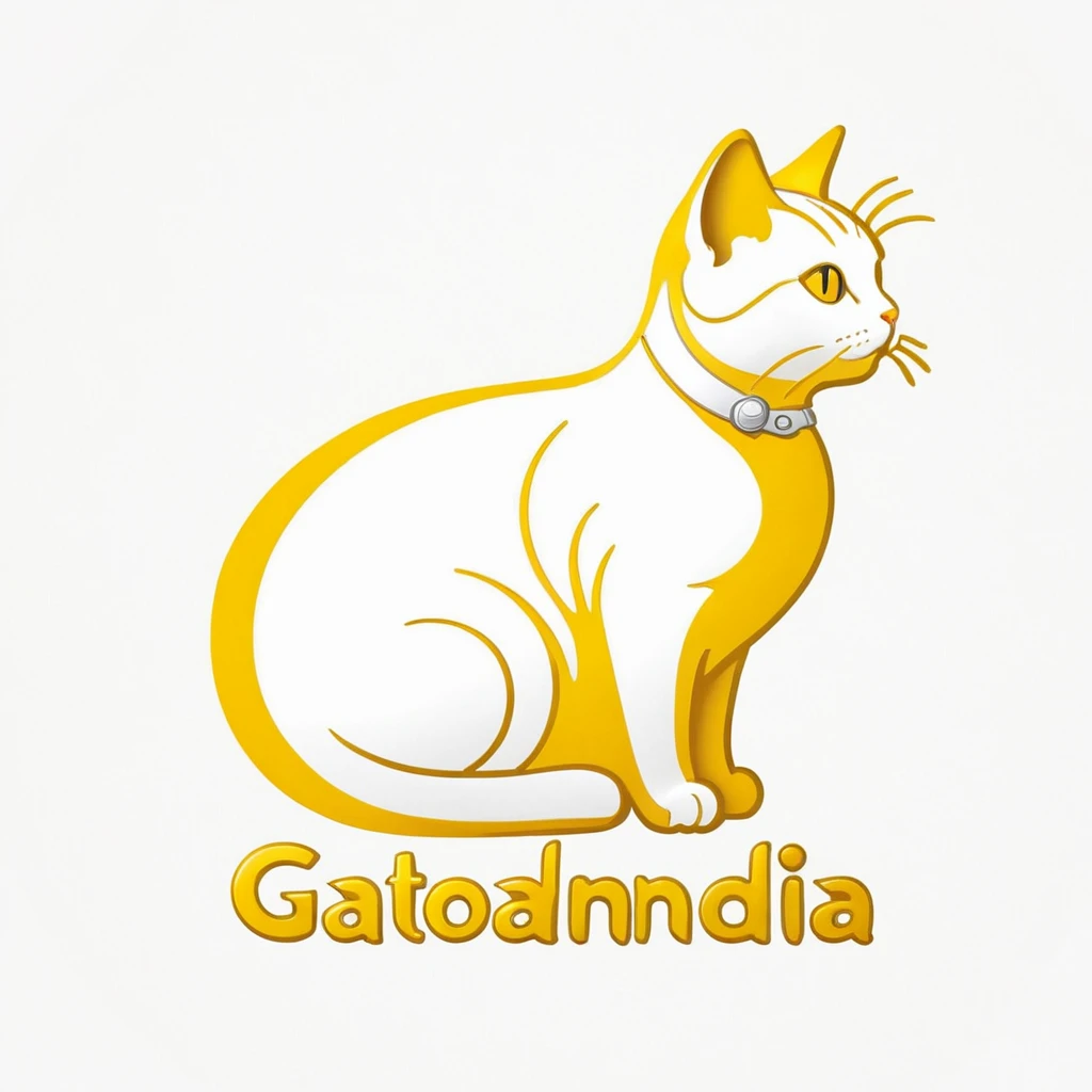 ("Gatolandia" text logo:1.5), a cat , side view, white, yellow, silver text, wrapped text, line art, white background