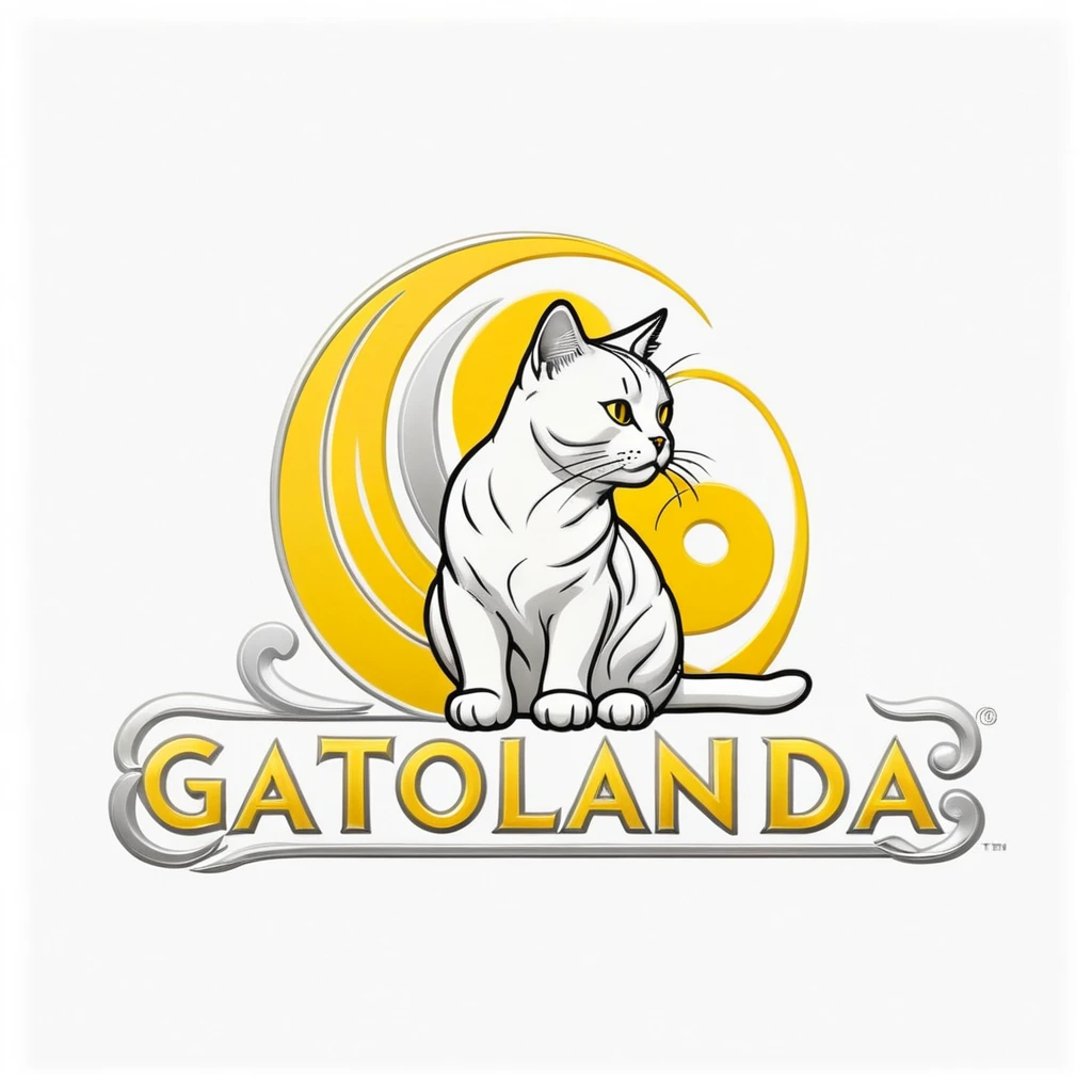 ("Gatolandia" text logo:1.5), a cat , side view, white, yellow, silver text, wrapped text, line art, white background 