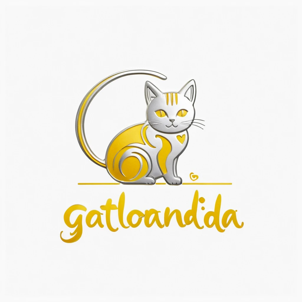 ("Gatolandia" text logo:1.5), a cat , side view, white, yellow, silver text, wrapped text, line art, white background