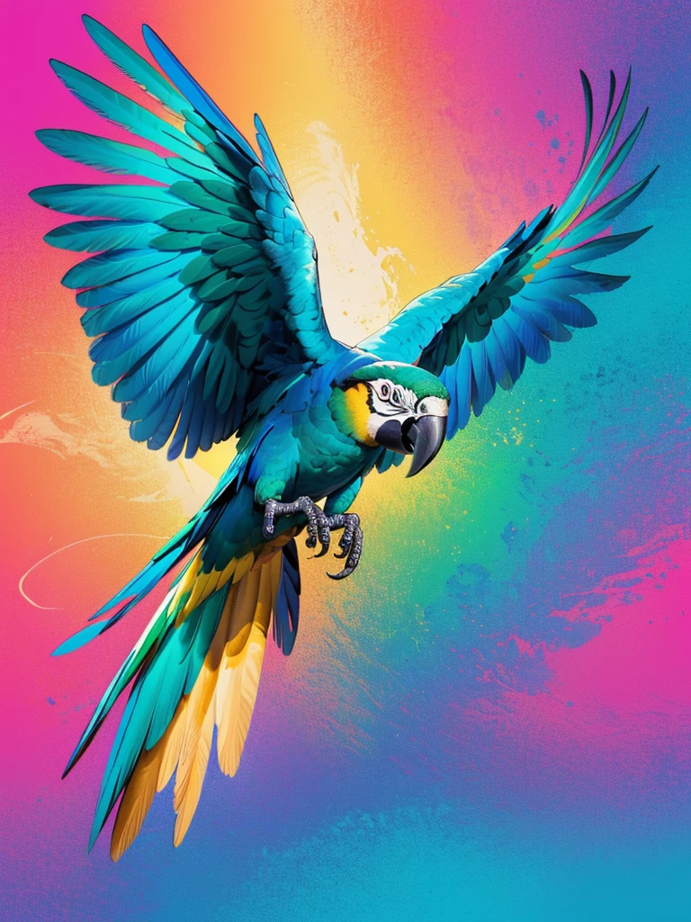 brightly colored parrot flying in the air with its wings spread, parrot, colorful bird with a long, hd illustration, ethereal macaw, 4k high res, pararel, colorful hd picure, parrots, colorful birds, high quality wallpaper, with a white background, a phoenix, tropical birds, flying around the bird, blue arara, amazing wallpaper