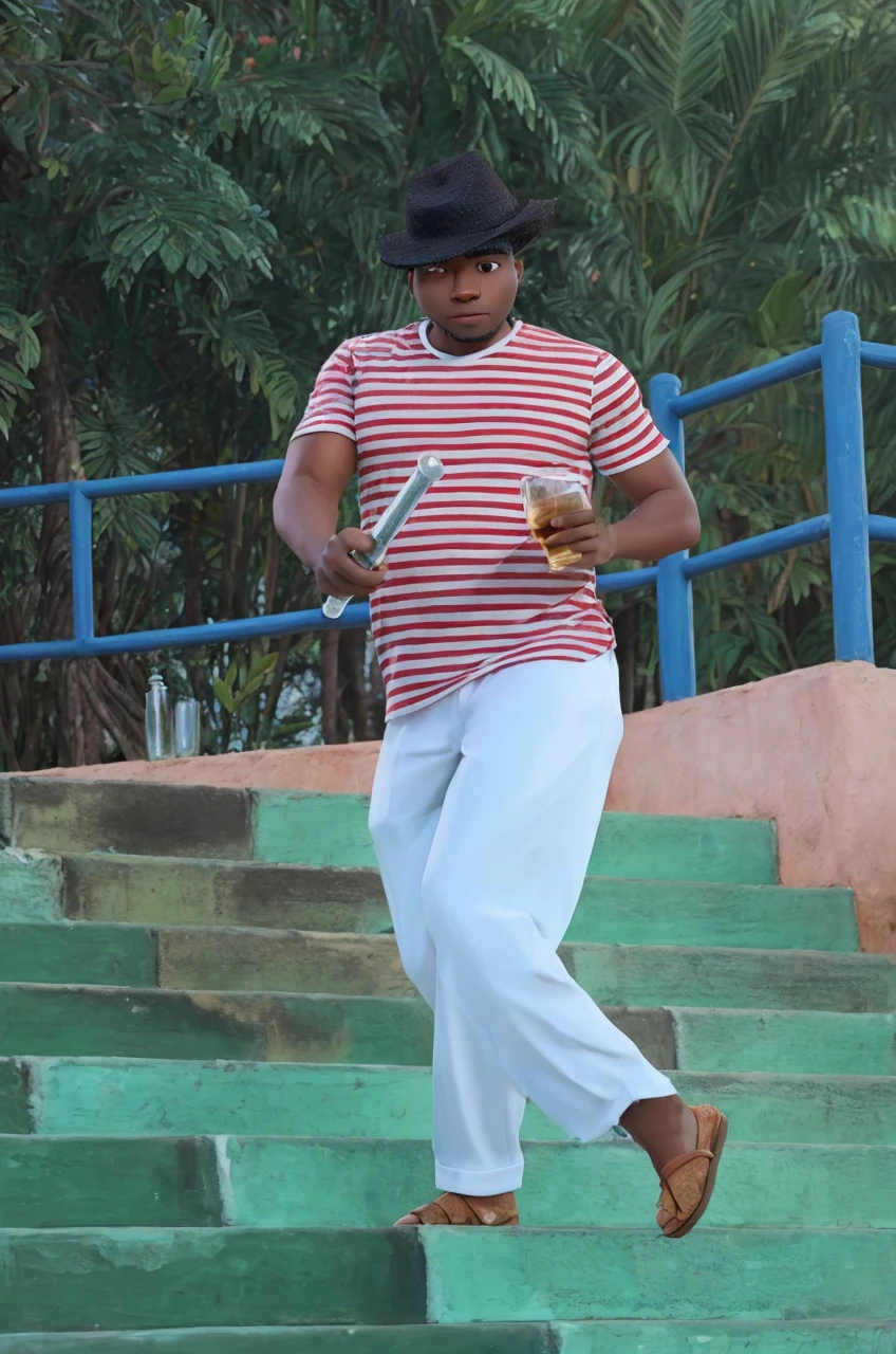 Illustration of a black MAN, with black Panama hat, horizontally striped t-shirt in white and red, White pants, holding a glass of beer and a cane, 