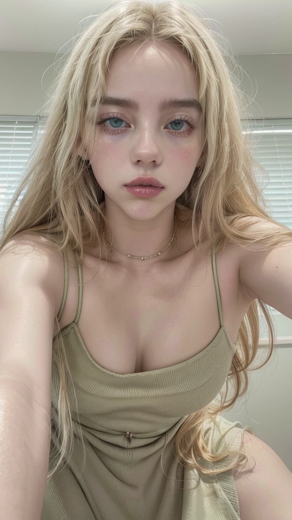 Primer plano de una sola beautiful mujer, wavy hair, long blonde hair, blonde hair, green eyes, green eyes, beautiful, nariz beautiful, with a muscular woman with a bare neck, pompous lips, thick red lips, flawless eyes, pale skin, white, beauty, mujer Asian, hannie, retrato de Billie Eilish, pretty accessories, Flawless skin, realist, until realist, High quality image, mujer beautiful, model, beautiful realism, until, blond hair, Asian, symmetrical face, rostrum on one side accommodated symmetrically, jennie blackpink, pretty arms, pretty face, Billie Eilish
