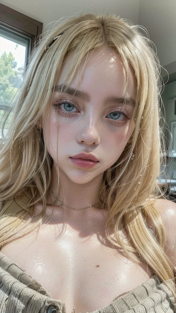 Primer plano de una sola beautiful mujer, wavy hair, long blonde hair, blonde hair, green eyes, green eyes, beautiful, nariz beautiful, with a muscular woman with a bare neck, pompous lips, thick red lips, flawless eyes, pale skin, white, beauty, mujer Asian, hannie, retrato de Billie Eilish, pretty accessories, Flawless skin, realist, until realist, High quality image, mujer beautiful, model, beautiful realism, until, blond hair, Asian, symmetrical face, rostrum on one side accommodated symmetrically, jennie blackpink, pretty arms, pretty face, Billie Eilish 